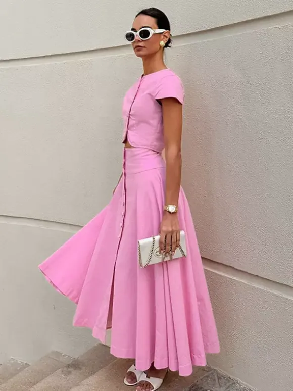 Two Piece Sets Pink Casual Buttons Street Wear Jewel Neck Short Sleeves Skirt Set