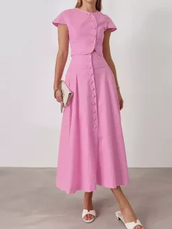 Two Piece Sets Pink Casual Buttons Street Wear Jewel Neck Short Sleeves Skirt Set