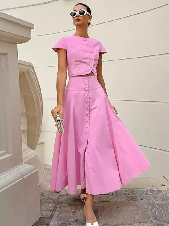 Two Piece Sets Pink Casual Buttons Street Wear Jewel Neck Short Sleeves Skirt Set