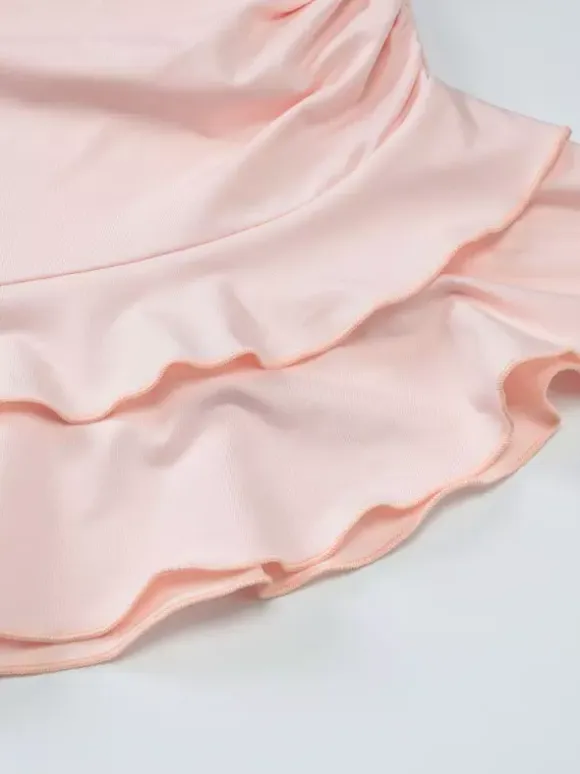 Two Piece Sets Pink Casual Ruffles Party Polyester Cowl Neck Sleeveless Skirt Set
