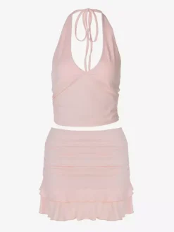 Two Piece Sets Pink Casual Ruffles Party Polyester Cowl Neck Sleeveless Skirt Set