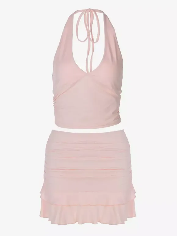 Two Piece Sets Pink Casual Ruffles Party Polyester Cowl Neck Sleeveless Skirt Set