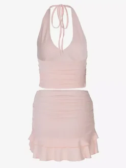 Two Piece Sets Pink Casual Ruffles Party Polyester Cowl Neck Sleeveless Skirt Set