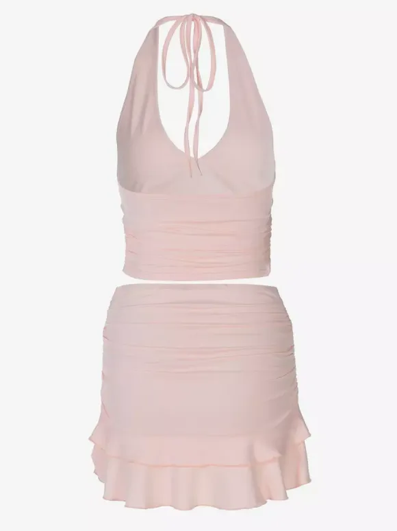 Two Piece Sets Pink Casual Ruffles Party Polyester Cowl Neck Sleeveless Skirt Set
