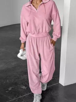 Two Piece Sets Pink Casual Street Wear Turndown Collar Long Sleeves Pant Set