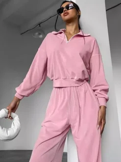 Two Piece Sets Pink Casual Street Wear Turndown Collar Long Sleeves Pant Set