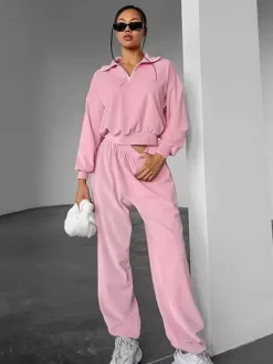 Two Piece Sets Pink Casual Street Wear Turndown Collar Long Sleeves Pant Set