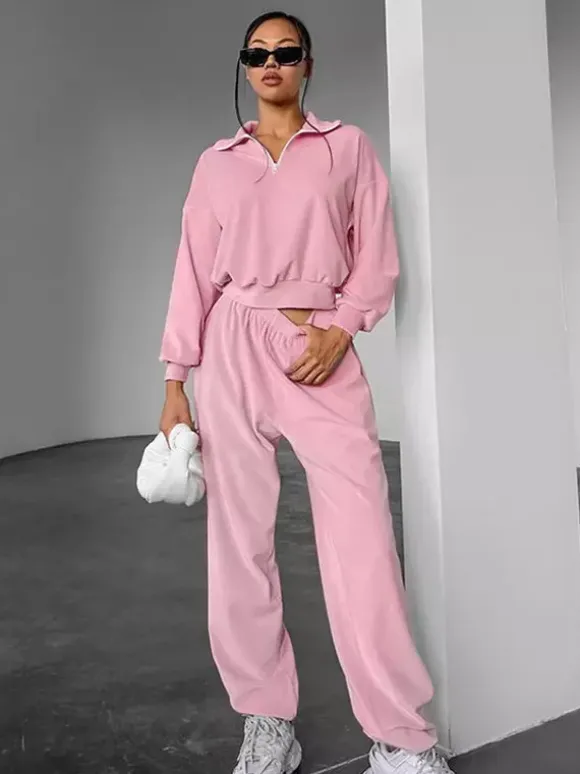 Two Piece Sets Pink Casual Street Wear Turndown Collar Long Sleeves Pant Set