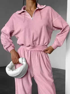 Two Piece Sets Pink Casual Street Wear Turndown Collar Long Sleeves Pant Set