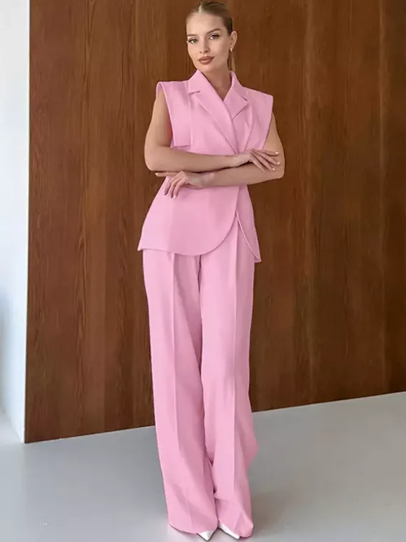 Two Piece Sets Pink Chic Daily Casual Turndown Collar Sleeveless Pant Set