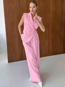 Two Piece Sets Pink Chic Daily Casual Turndown Collar Sleeveless Pant Set