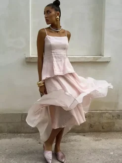 Two Piece Sets Pink Chic Daily Velour Straps Neck Sleeveless Backless Summer Top Skirt Sets