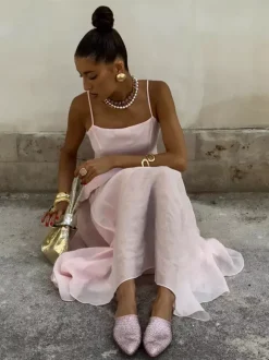 Two Piece Sets Pink Chic Daily Velour Straps Neck Sleeveless Backless Summer Top Skirt Sets
