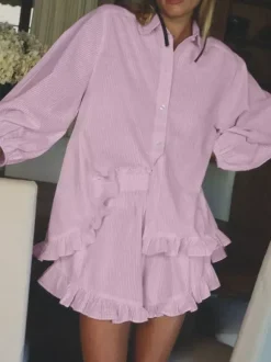 Two Piece Sets Pink Chic Stripes Daily Turndown Collar Lantern Sleeve Pant Set