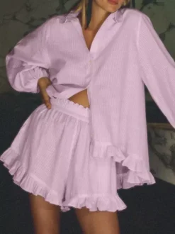 Two Piece Sets Pink Chic Stripes Daily Turndown Collar Lantern Sleeve Pant Set
