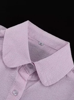 Two Piece Sets Pink Chic Stripes Daily Turndown Collar Lantern Sleeve Pant Set