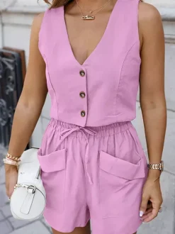 Two Piece Sets Pink Daily Casual Cotton Linen V-Neck Sleeveless Casual Pant Set