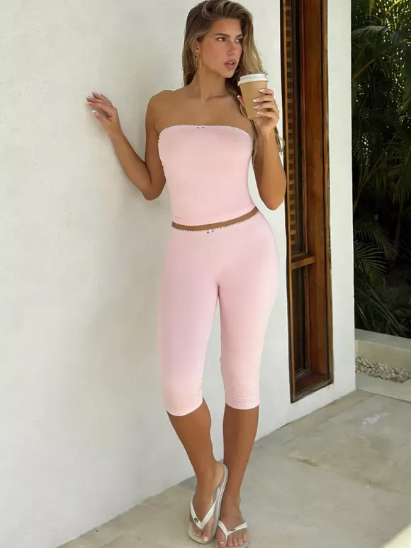 Two Piece Sets Pink Lace Strapless Tube Top Lace Trim High Waist Capri Leggings Set