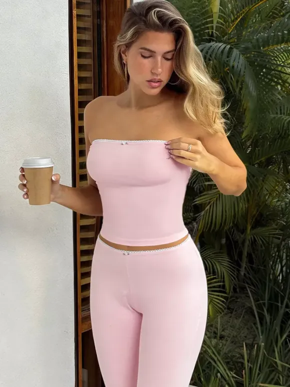 Two Piece Sets Pink Lace Strapless Tube Top Lace Trim High Waist Capri Leggings Set