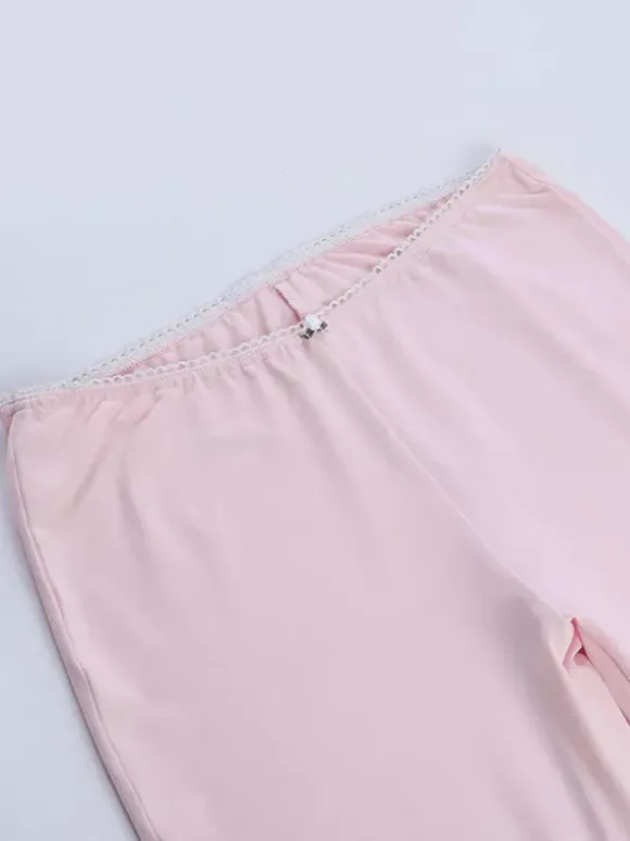 Two Piece Sets Pink Lace Strapless Tube Top Lace Trim High Waist Capri Leggings Set