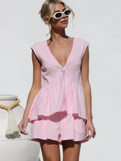 Two Piece Sets Pink V-Neck Short Sleeves Top Pants Summer Sets