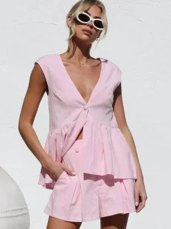 Two Piece Sets Pink V-Neck Short Sleeves Top Pants Summer Sets