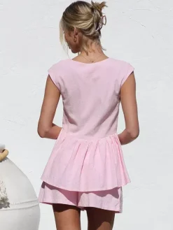 Two Piece Sets Pink V-Neck Short Sleeves Top Pants Summer Sets