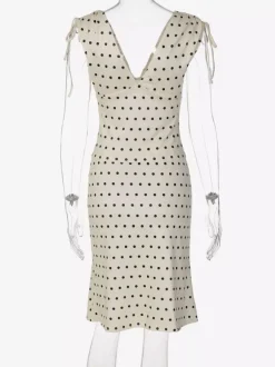 Two Piece Sets Polka Dot Apricot V-Neck Short Sleeves V Neck Tie Strap Cami Top Midi Skirt Set