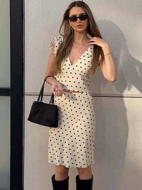 Two Piece Sets Polka Dot Apricot V-Neck Short Sleeves V Neck Tie Strap Cami Top Midi Skirt Set