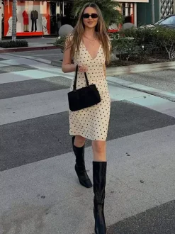 Two Piece Sets Polka Dot Apricot V-Neck Short Sleeves V Neck Tie Strap Cami Top Midi Skirt Set