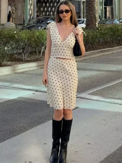 Two Piece Sets Polka Dot Apricot V-Neck Short Sleeves V Neck Tie Strap Cami Top Midi Skirt Set