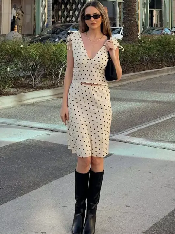 Two Piece Sets Polka Dot Apricot V-Neck Short Sleeves V Neck Tie Strap Cami Top Midi Skirt Set