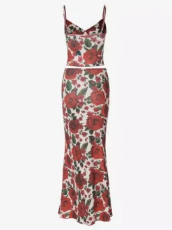 Two Piece Sets Red Casual Floral Print Street Wear Polyester Straps Neck Sleeveless Skirt Set