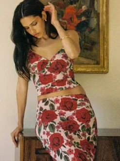 Two Piece Sets Red Casual Floral Print Street Wear Polyester Straps Neck Sleeveless Skirt Set