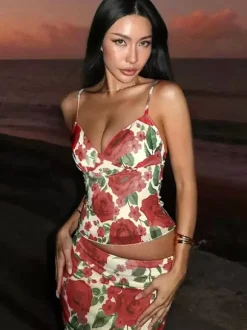 Two Piece Sets Red Casual Floral Print Street Wear Polyester Straps Neck Sleeveless Skirt Set