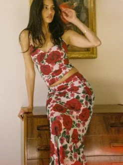 Two Piece Sets Red Casual Floral Print Street Wear Polyester Straps Neck Sleeveless Skirt Set
