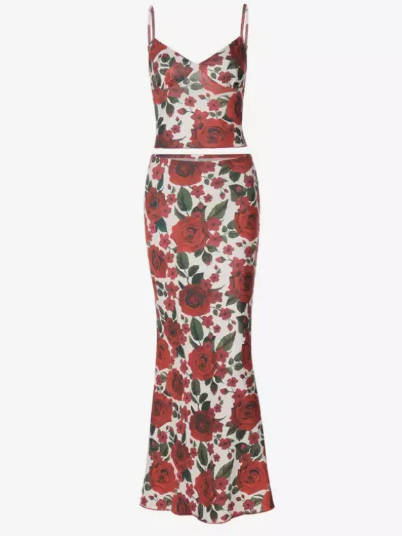 Two Piece Sets Red Sexy Floral Print Resort Wear Polyester Straps Neck Flower Sleeveless Skirt Set