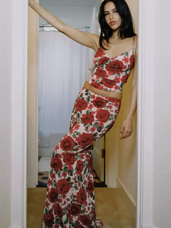Two Piece Sets Red Sexy Floral Print Resort Wear Polyester Straps Neck Flower Sleeveless Skirt Set