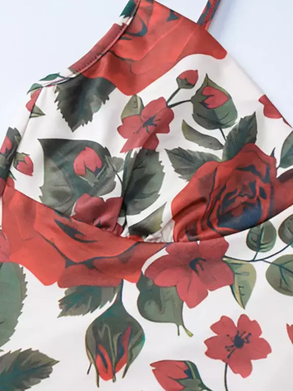 Two Piece Sets Red Sexy Floral Print Resort Wear Polyester Straps Neck Flower Sleeveless Skirt Set