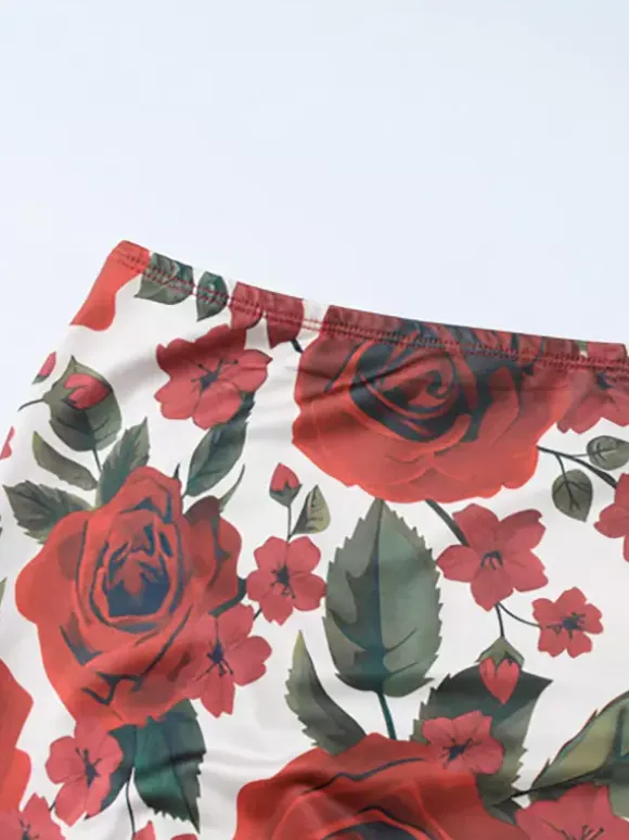 Two Piece Sets Red Sexy Floral Print Resort Wear Polyester Straps Neck Flower Sleeveless Skirt Set
