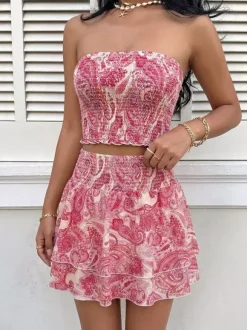 Two Piece Sets Rose Casual Floral Print Resort Wear Sleeveless Skirt Set