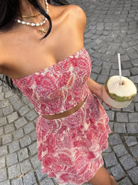 Two Piece Sets Rose Casual Floral Print Resort Wear Sleeveless Skirt Set