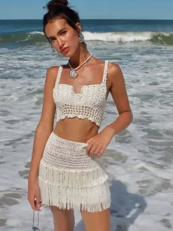 Two Piece Sets Skirt Set Ecru White Chic Fringe Beach Traps Neck Sleeveless Top Skirt Sets