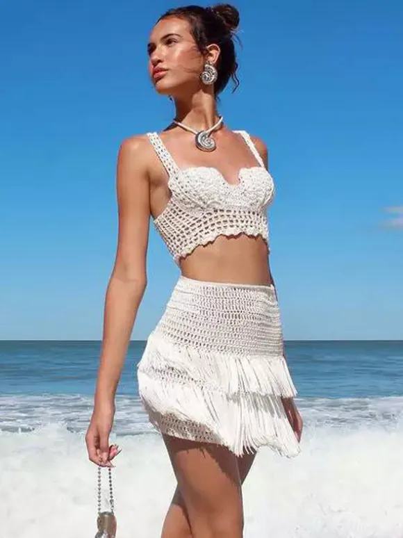 Two Piece Sets Skirt Set Ecru White Chic Fringe Beach Traps Neck Sleeveless Top Skirt Sets