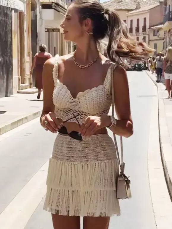 Two Piece Sets Skirt Set Ecru White Chic Fringe Beach Traps Neck Sleeveless Top Skirt Sets