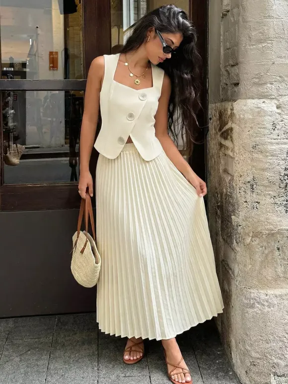 Two Piece Sets Skirt Set Maxi Apricot Elegant Buttons Square Neck Sleeveless Sets