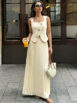 Two Piece Sets Skirt Set Maxi Apricot Elegant Buttons Square Neck Sleeveless Sets