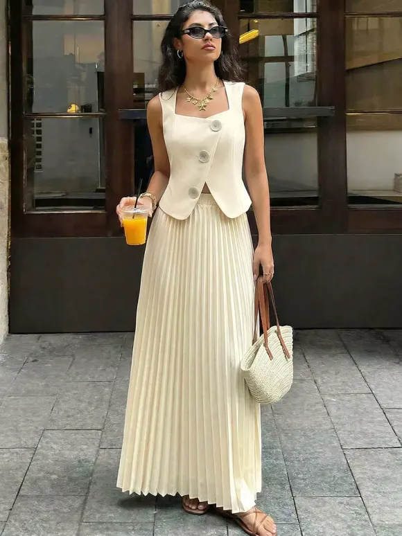 Two Piece Sets Skirt Set Maxi Apricot Elegant Buttons Square Neck Sleeveless Sets