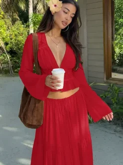 Two Piece Sets Skirt Set Maxi Dresses Apricot Resort Wear Buttons Casual V-Neck Long Sleeves Sets