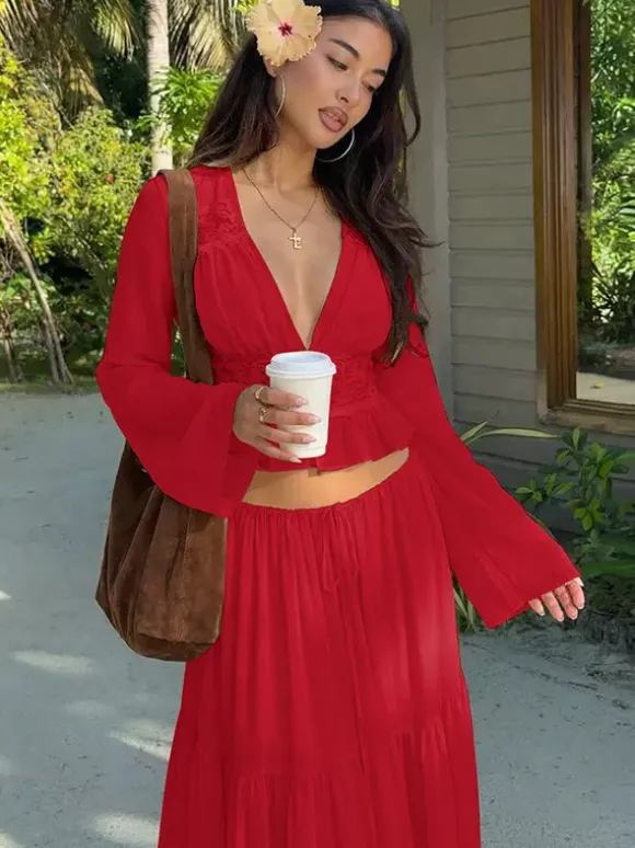 Two Piece Sets Skirt Set Maxi Dresses Apricot Resort Wear Buttons Casual V-Neck Long Sleeves Sets